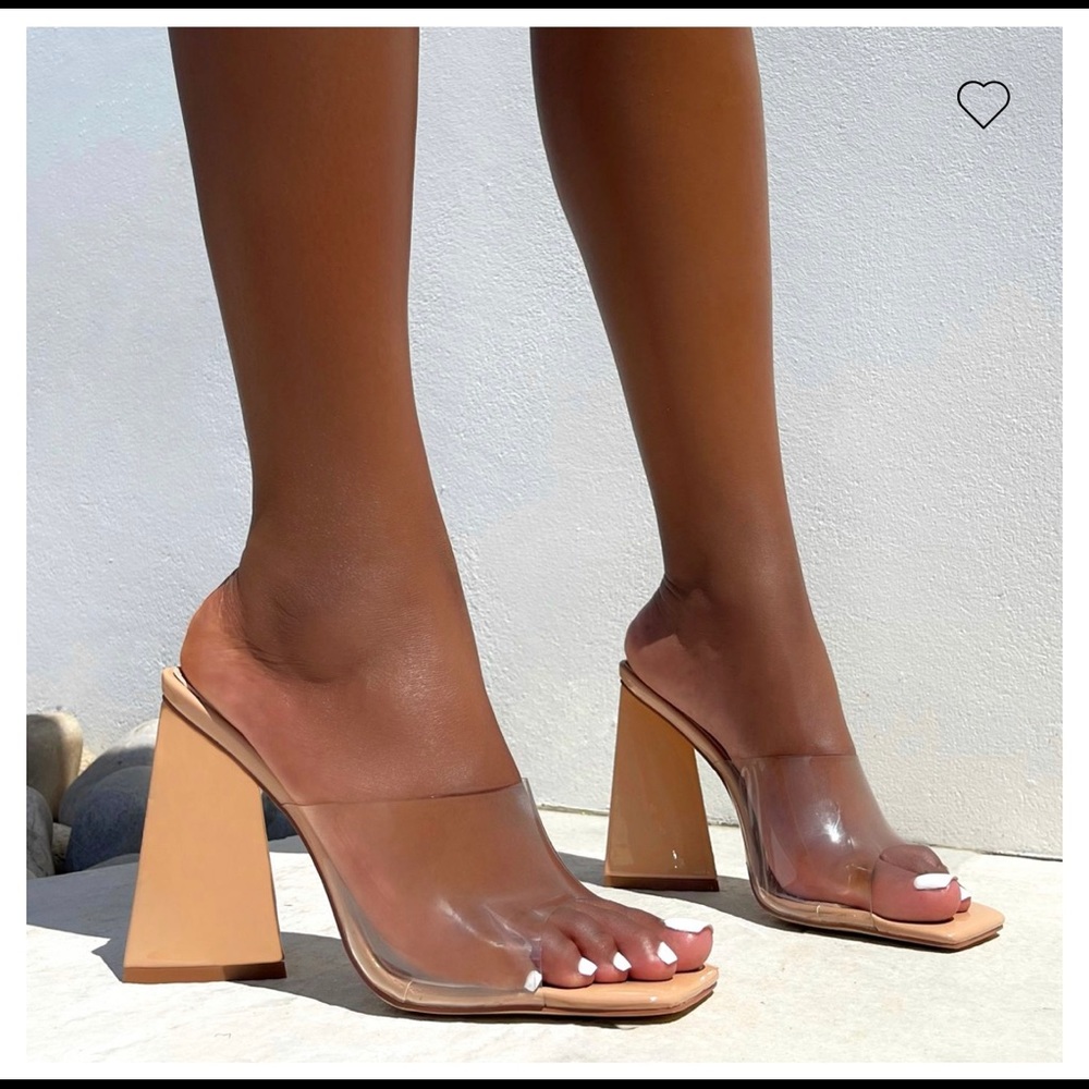 Nude mule heels with clear strap